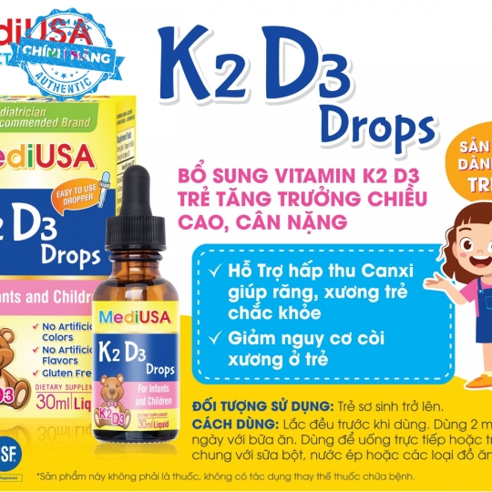 K2 D3 Drops -  Bổ Sung Vitamin K2 D3 Trẻ Tăng Trưởng Chiều Cao, Cân Nặng - MediUSA
